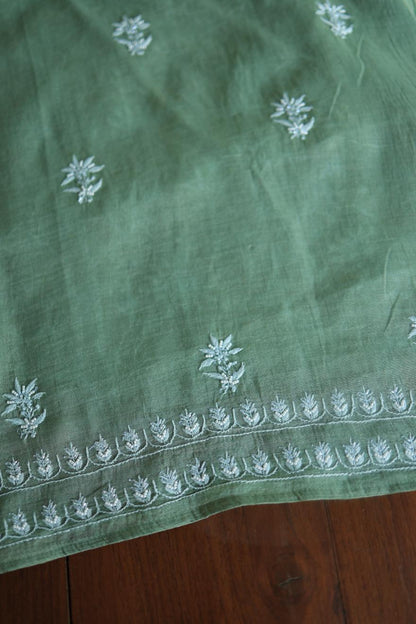 Greyish Teal Tissue Silk Chikankari Unstitched Fabric