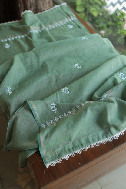 Greyish Teal Tissue Silk Chikankari Unstitched Fabric