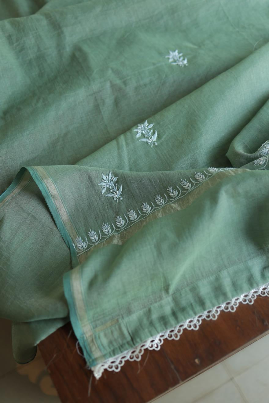 Greyish Teal Tissue Silk Chikankari Unstitched Fabric