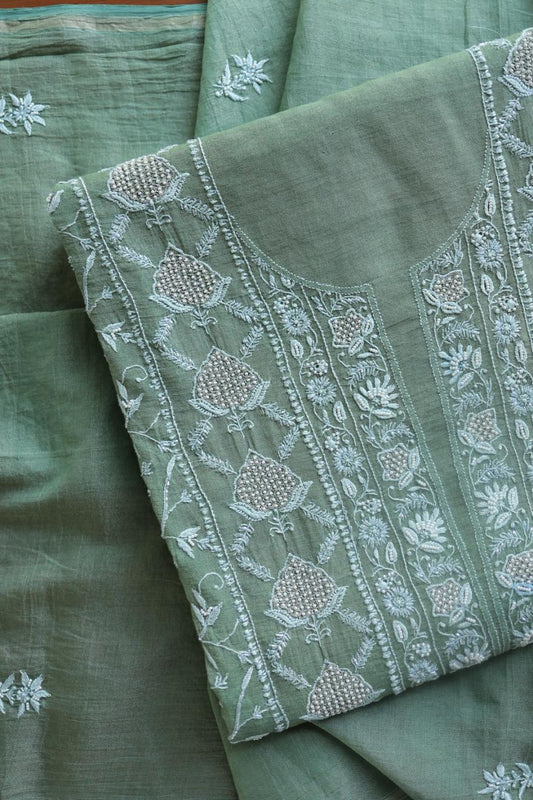 Greyish Teal Tissue Silk Chikankari Unstitched Fabric