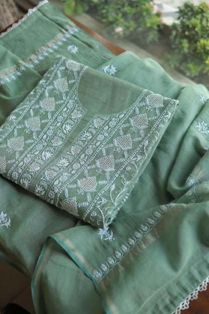 Greyish Teal Tissue Silk Chikankari Unstitched Fabric