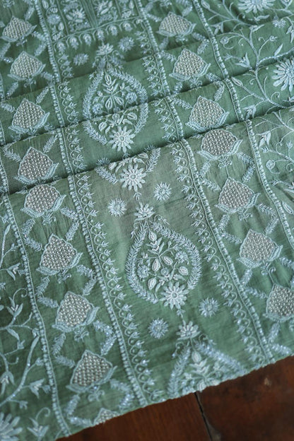 Greyish Teal Tissue Silk Chikankari Unstitched Fabric