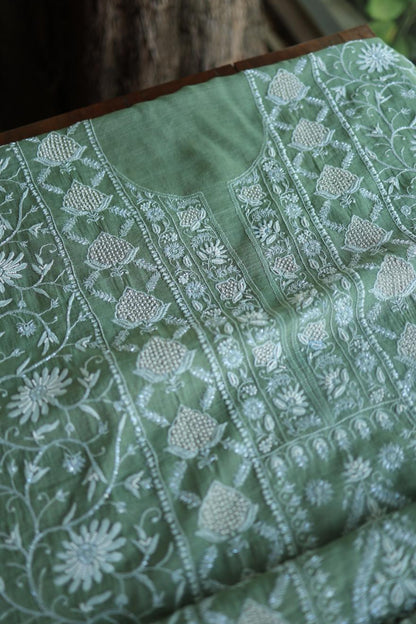 Greyish Teal Tissue Silk Chikankari Unstitched Fabric