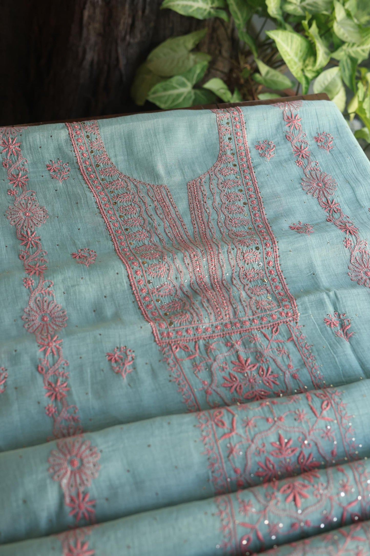 Green Turquoise Mal Cotton Fine Chikankari With Kamdani Work Unstitched Fabric
