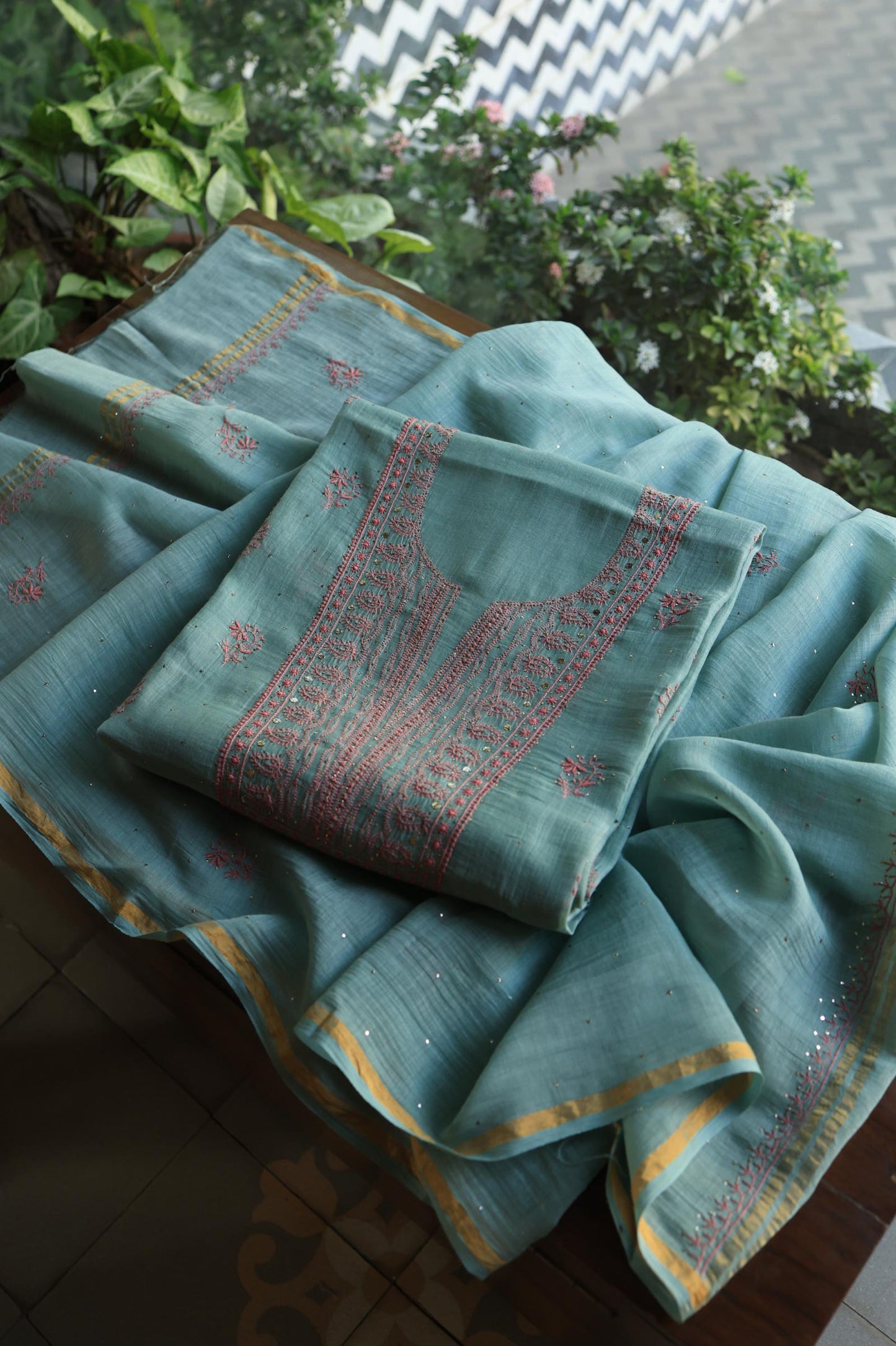 Green Turquoise Mal Cotton Fine Chikankari With Kamdani Work Unstitched Fabric