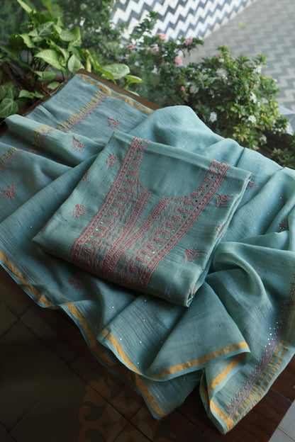 Green Turquoise Mal Cotton Fine Chikankari With Kamdani Work Unstitched Fabric