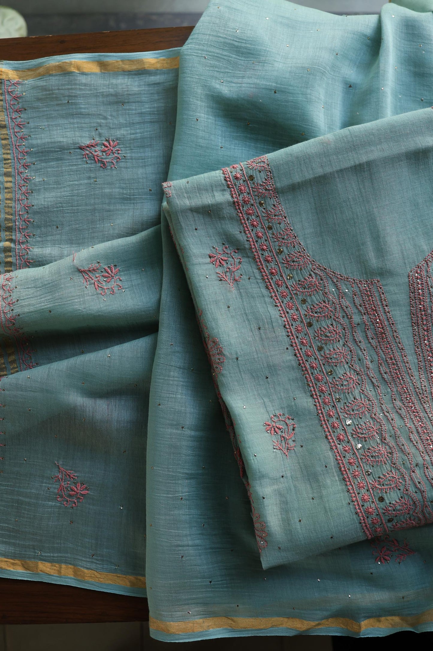 Green Turquoise Mal Cotton Fine Chikankari With Kamdani Work Unstitched Fabric
