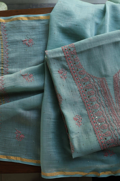 Green Turquoise Mal Cotton Fine Chikankari With Kamdani Work Unstitched Fabric