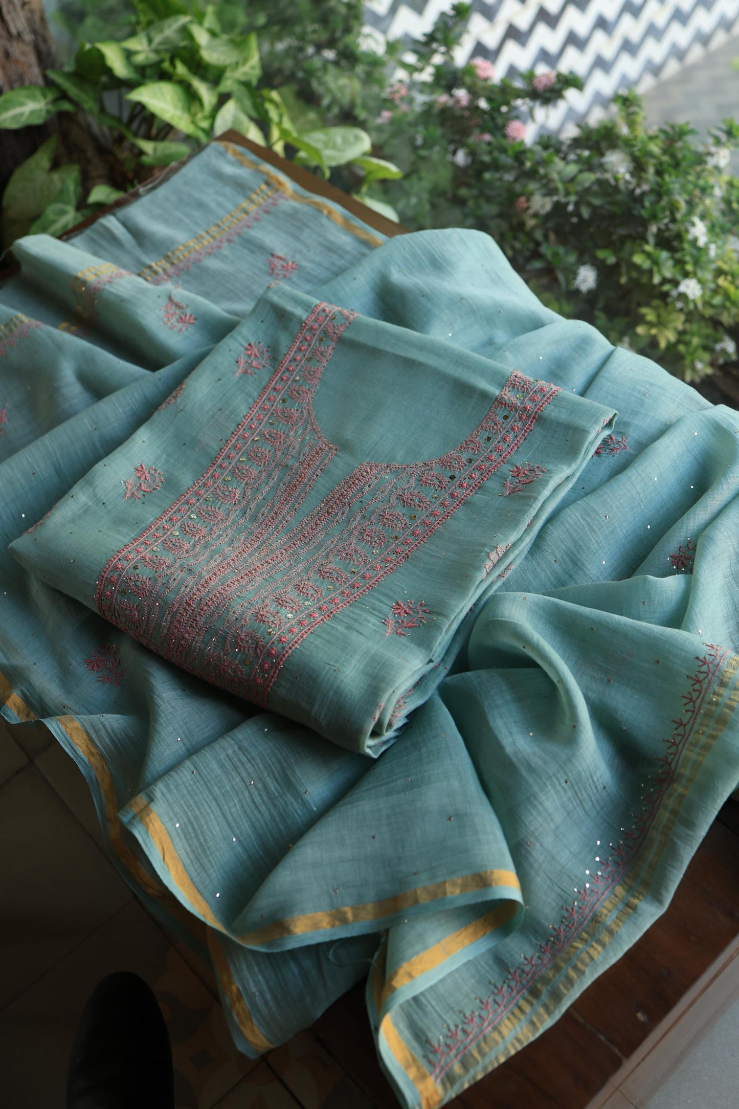Green Turquoise Mal Cotton Fine Chikankari With Kamdani Work Unstitched Fabric