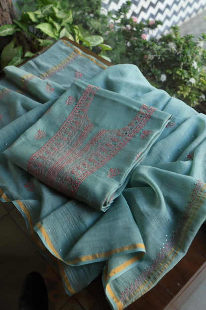 Green Turquoise Mal Cotton Fine Chikankari With Kamdani Work Unstitched Fabric