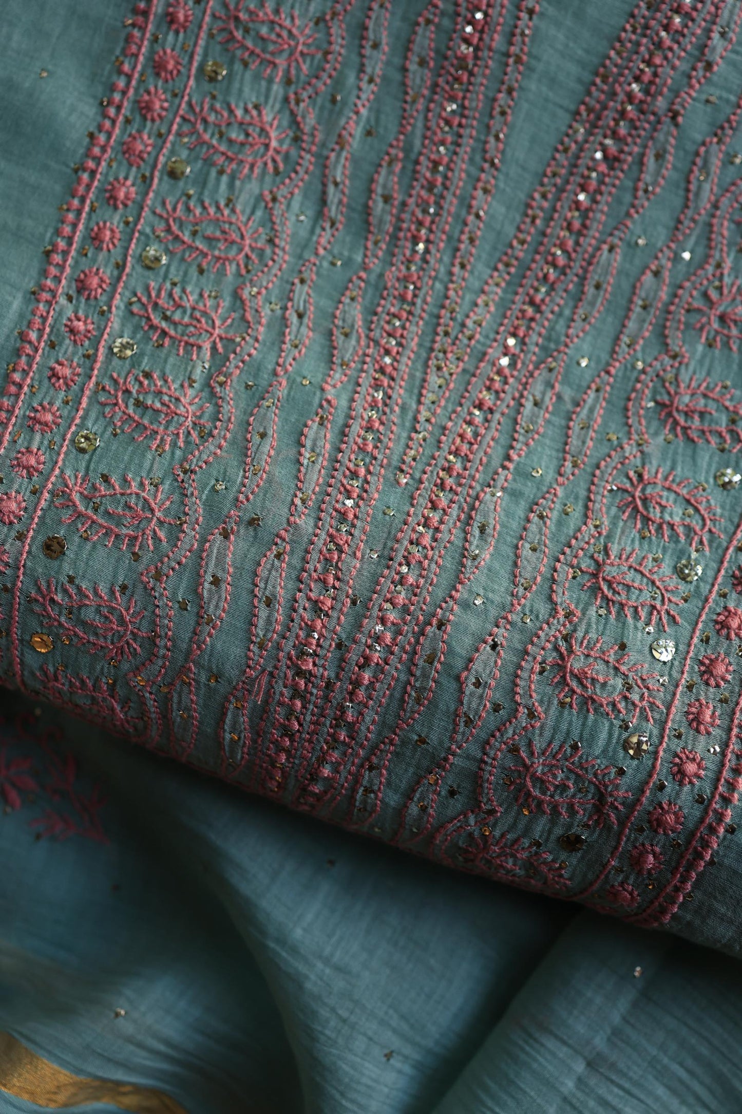 Green Turquoise Mal Cotton Fine Chikankari With Kamdani Work Unstitched Fabric