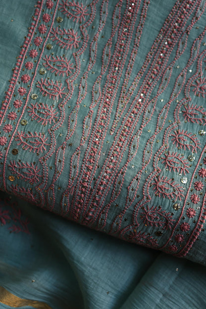 Green Turquoise Mal Cotton Fine Chikankari With Kamdani Work Unstitched Fabric