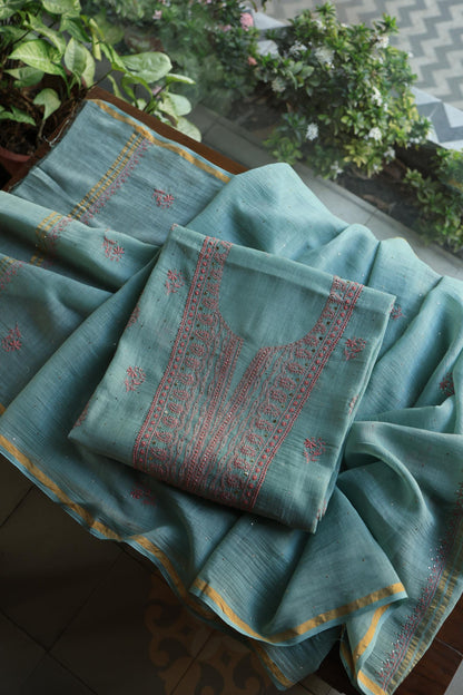 Green Turquoise Mal Cotton Fine Chikankari With Kamdani Work Unstitched Fabric