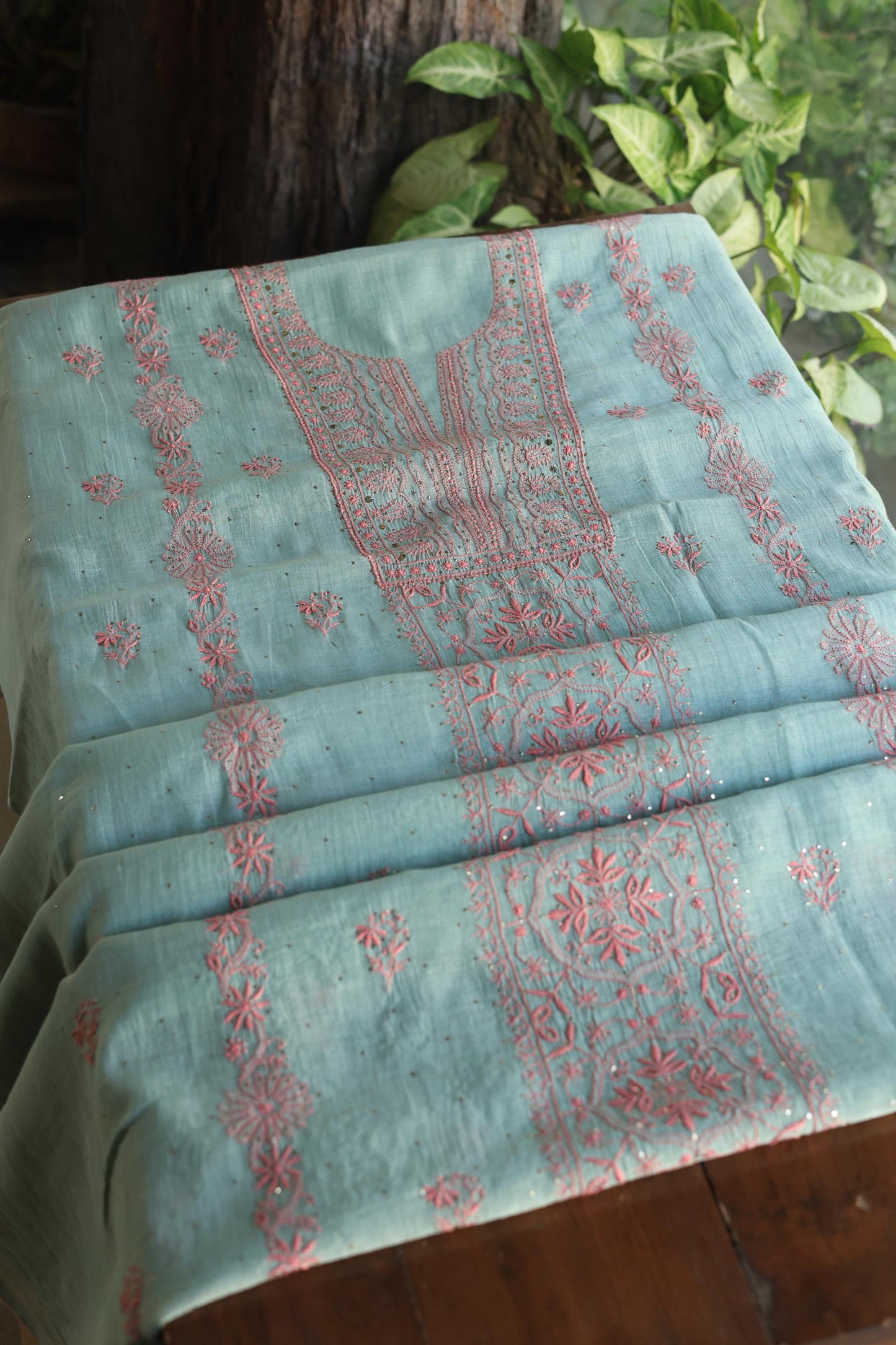 Green Turquoise Mal Cotton Fine Chikankari With Kamdani Work Unstitched Fabric