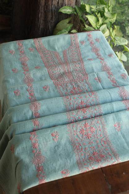 Green Turquoise Mal Cotton Fine Chikankari With Kamdani Work Unstitched Fabric