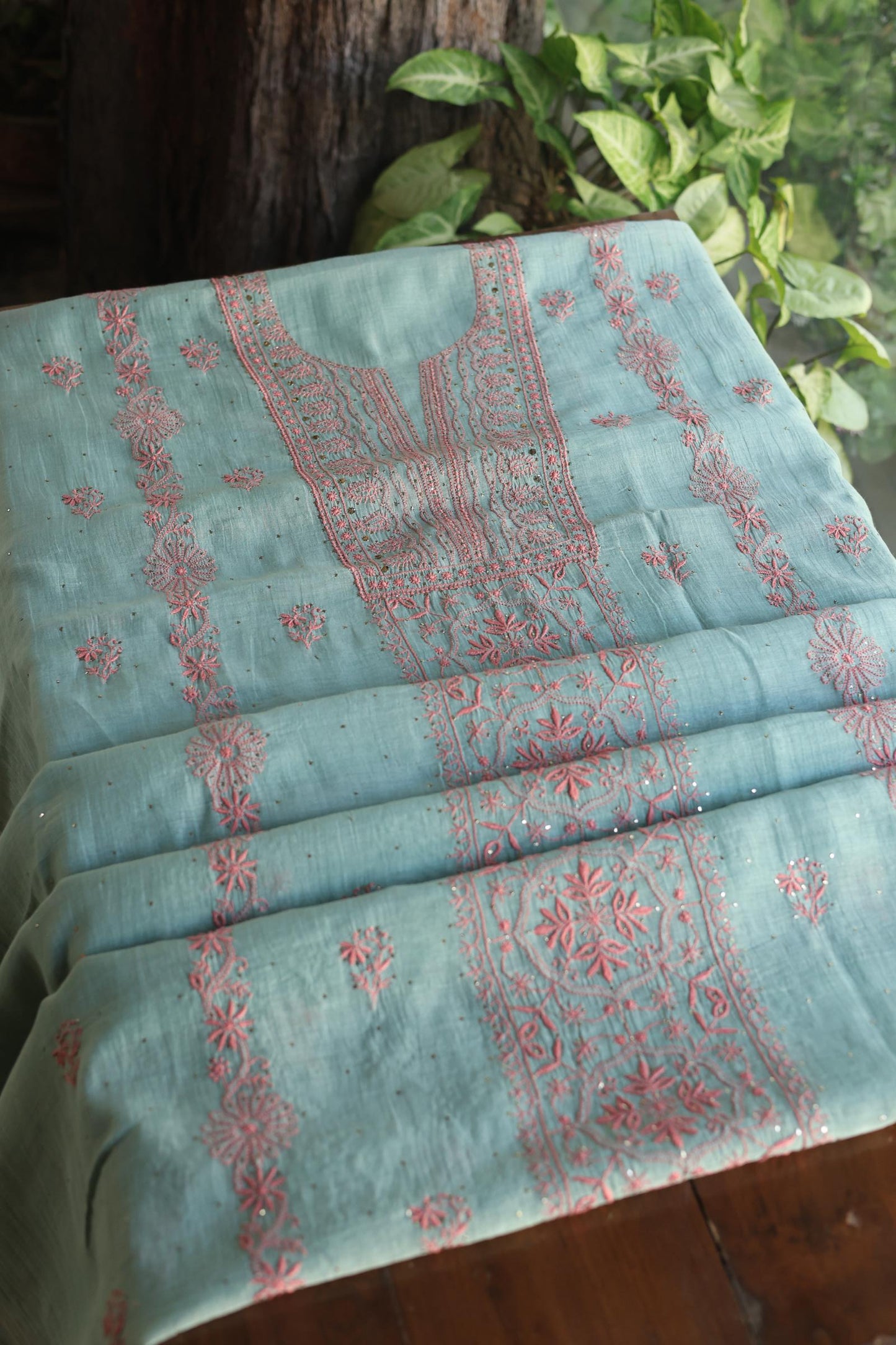 Green Turquoise Mal Cotton Fine Chikankari With Kamdani Work Unstitched Fabric