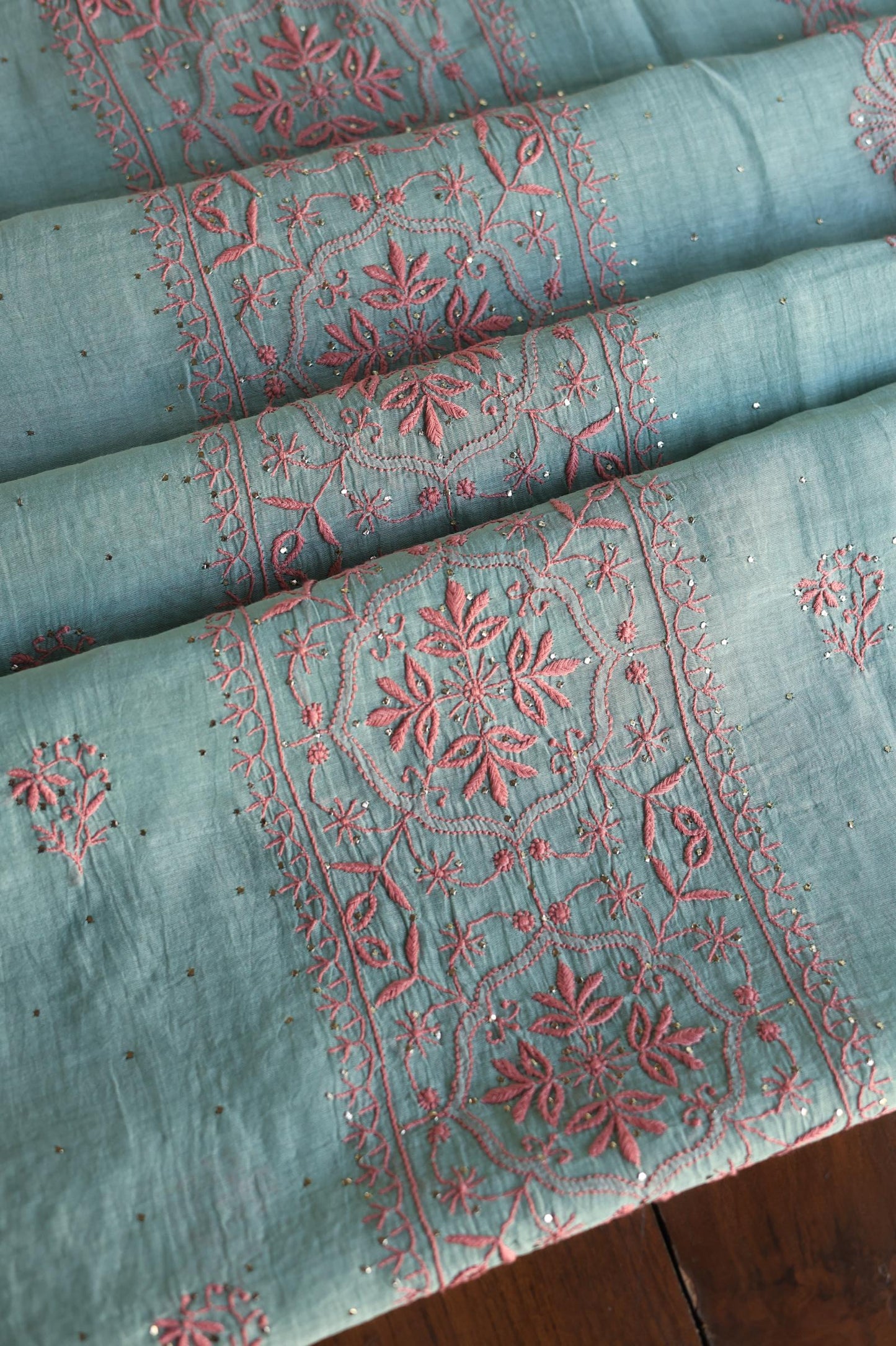 Green Turquoise Mal Cotton Fine Chikankari With Kamdani Work Unstitched Fabric