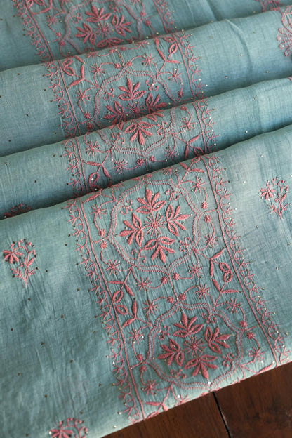 Green Turquoise Mal Cotton Fine Chikankari With Kamdani Work Unstitched Fabric
