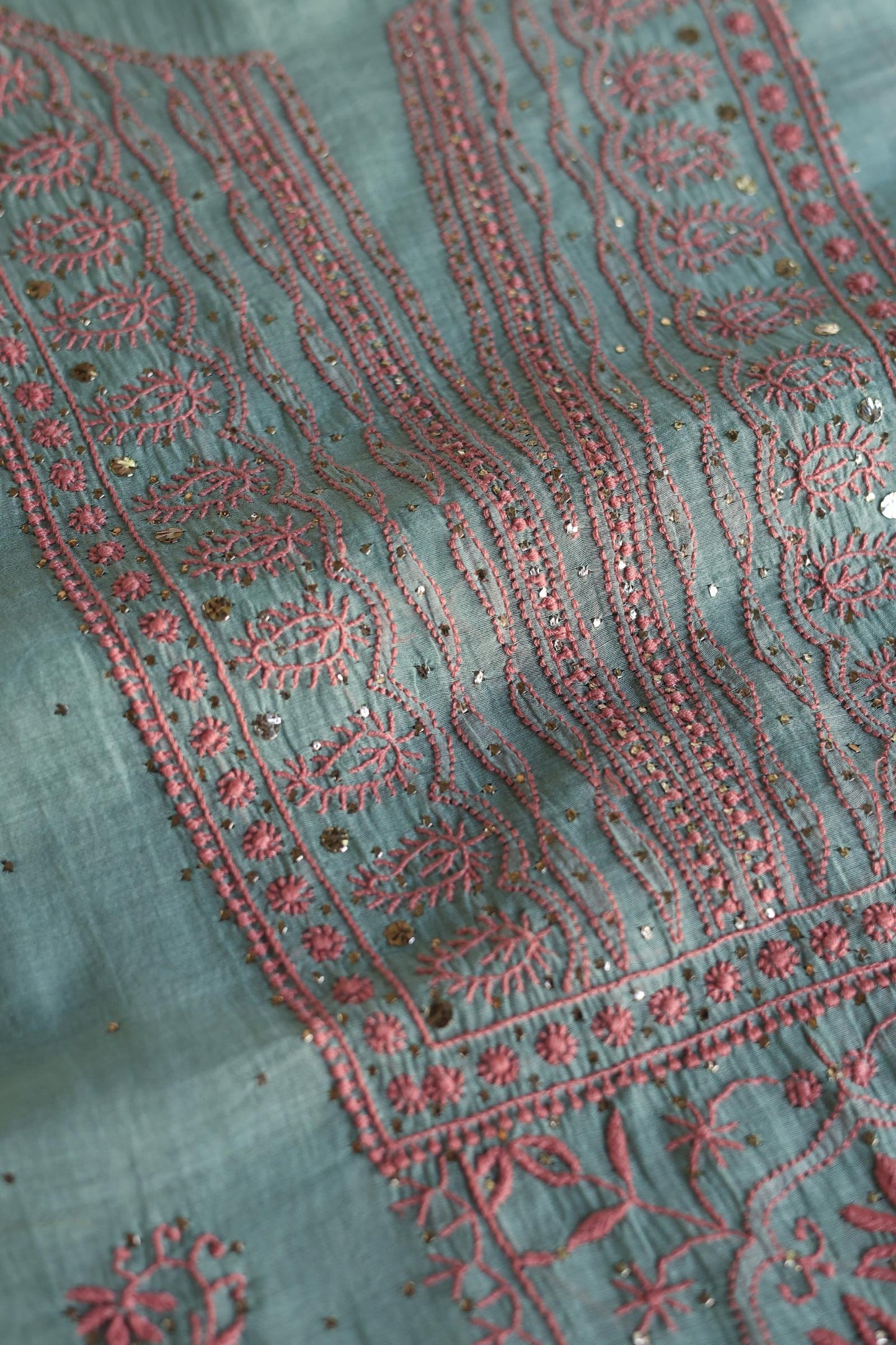 Green Turquoise Mal Cotton Fine Chikankari With Kamdani Work Unstitched Fabric