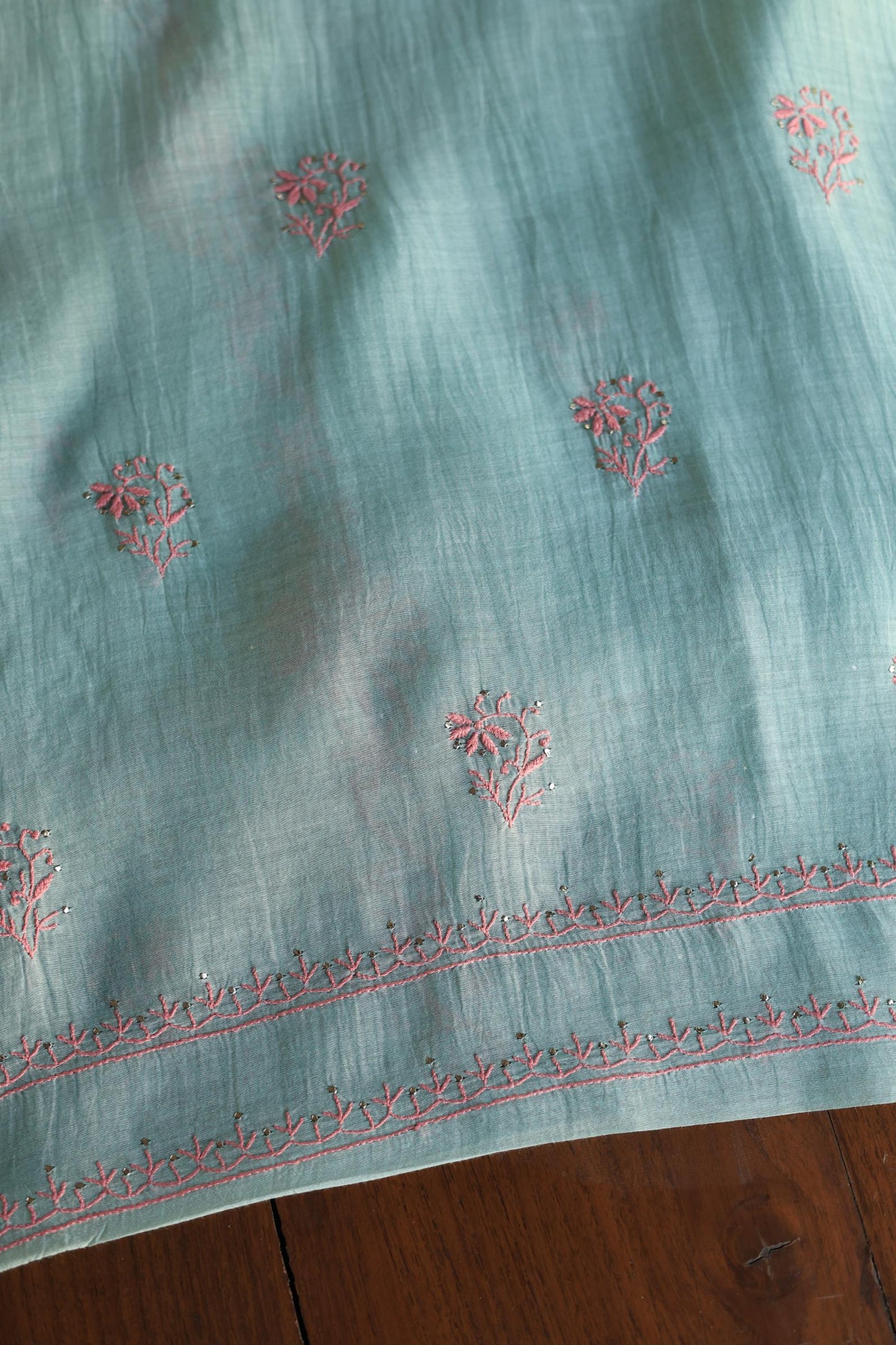 Green Turquoise Mal Cotton Fine Chikankari With Kamdani Work Unstitched Fabric