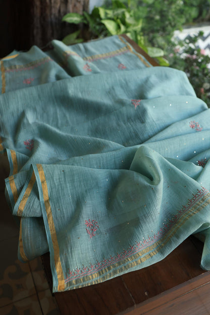 Green Turquoise Mal Cotton Fine Chikankari With Kamdani Work Unstitched Fabric