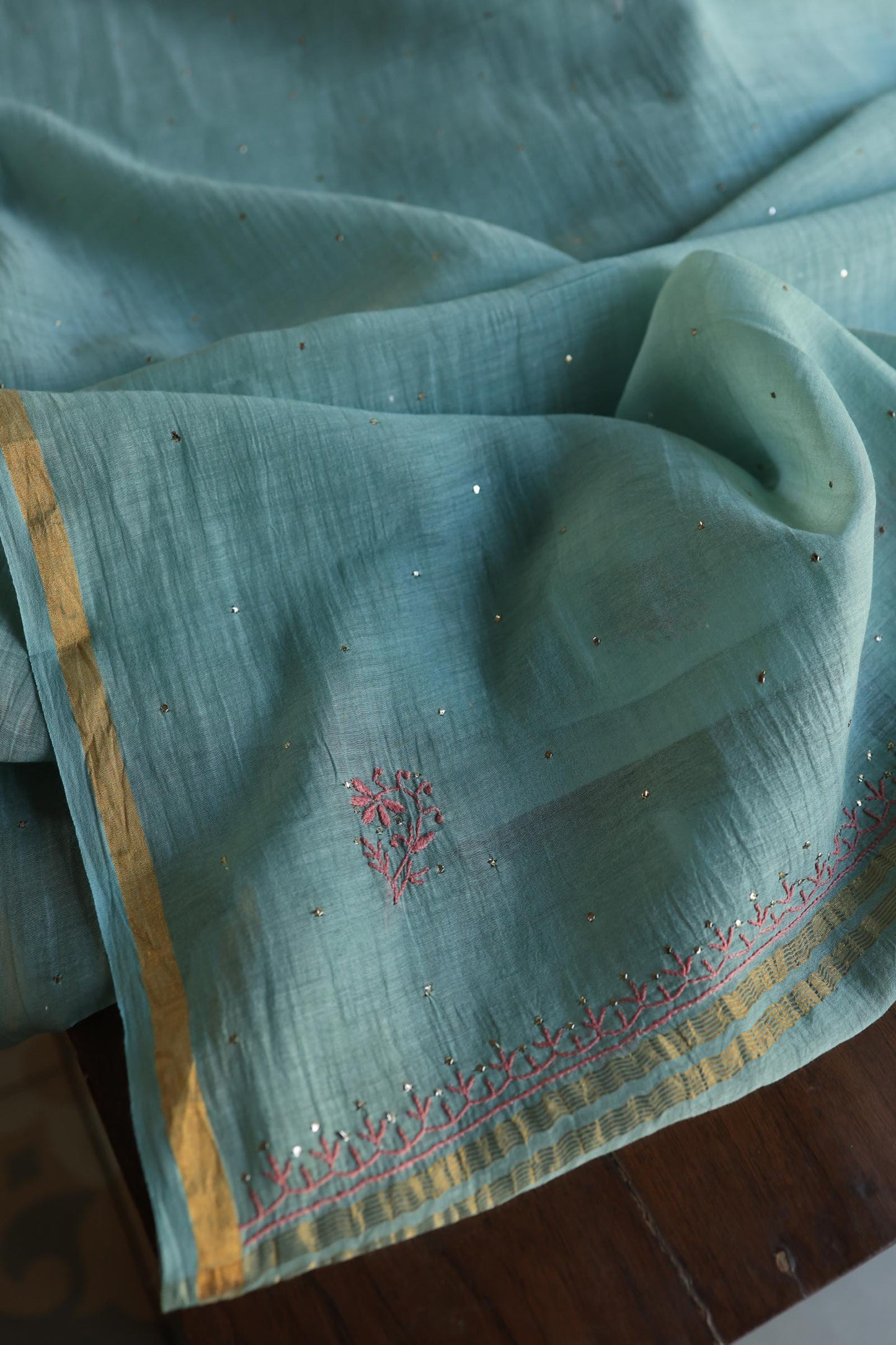 Green Turquoise Mal Cotton Fine Chikankari With Kamdani Work Unstitched Fabric