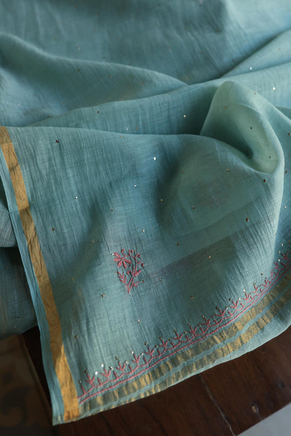 Green Turquoise Mal Cotton Fine Chikankari With Kamdani Work Unstitched Fabric