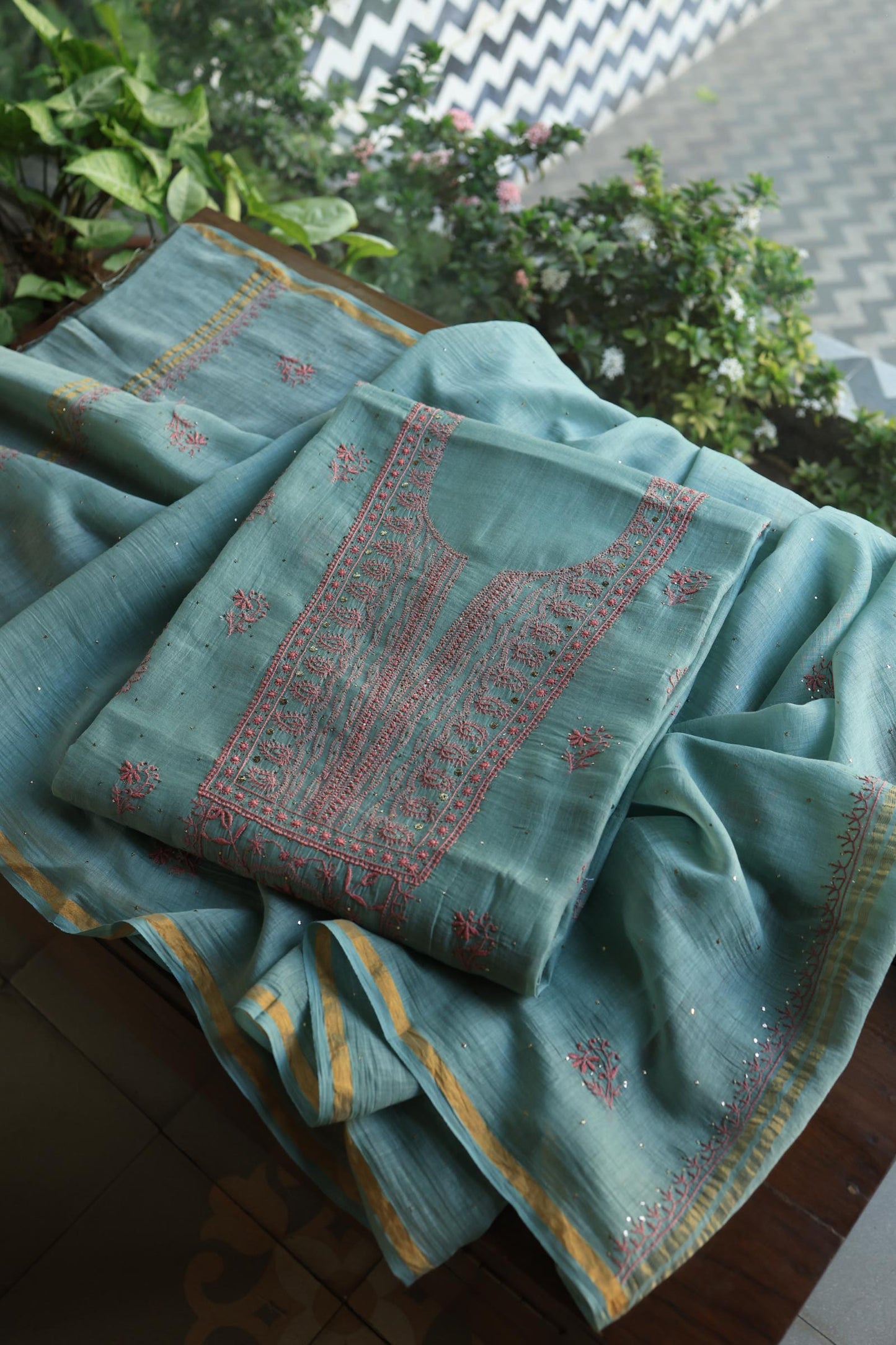 Green Turquoise Mal Cotton Fine Chikankari With Kamdani Work Unstitched Fabric