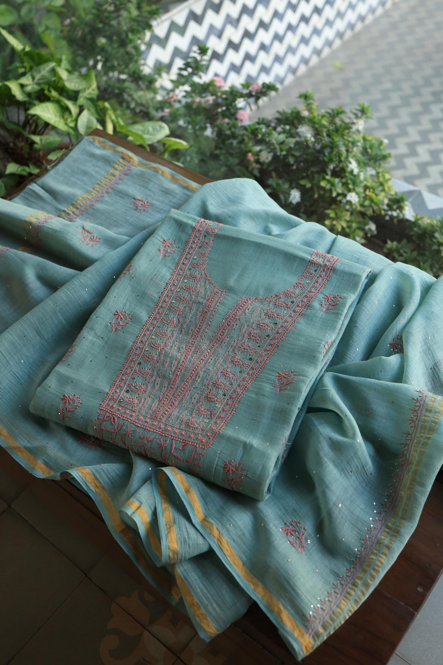 Green Turquoise Mal Cotton Fine Chikankari With Kamdani Work Unstitched Fabric