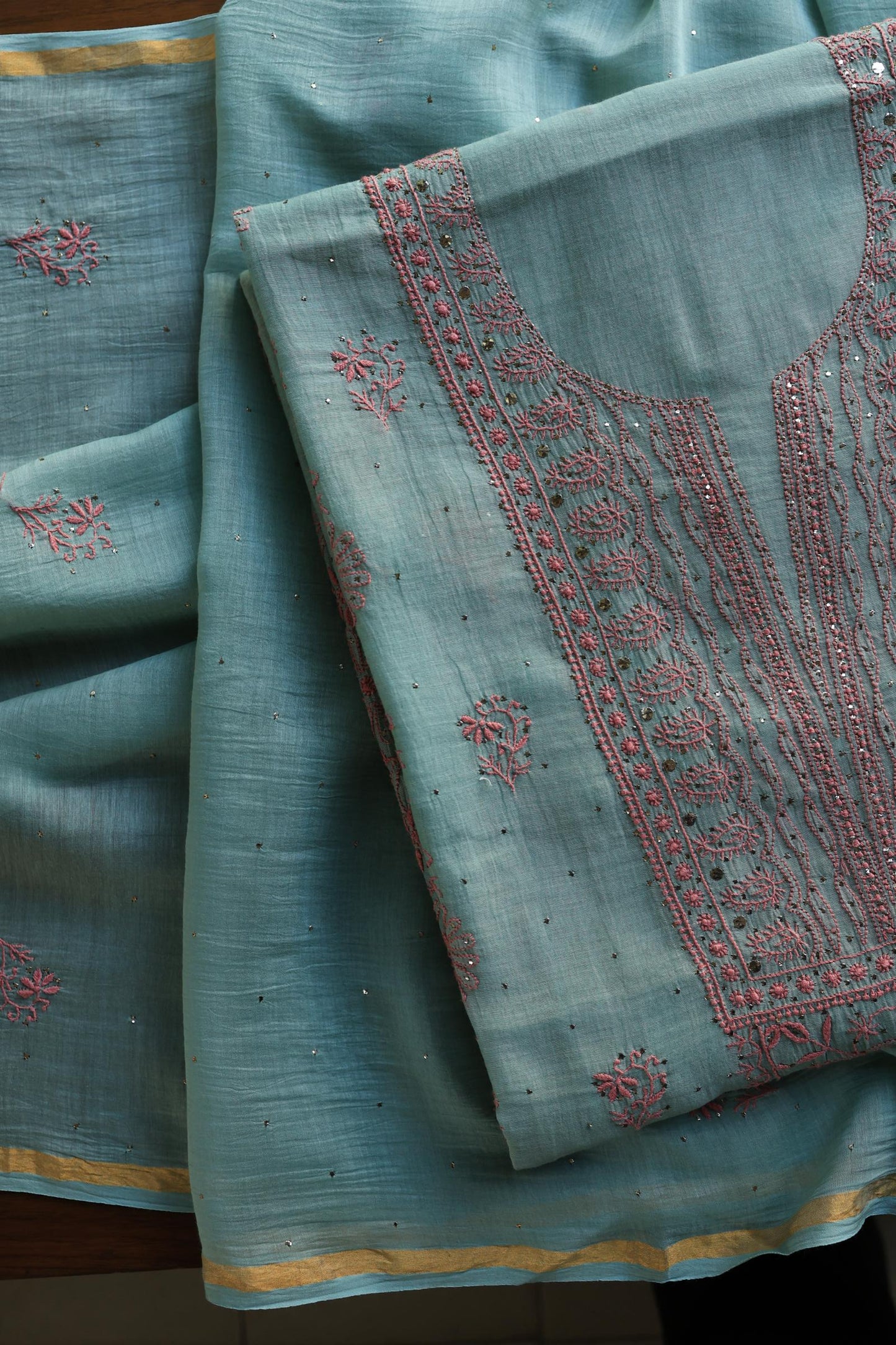 Green Turquoise Mal Cotton Fine Chikankari With Kamdani Work Unstitched Fabric