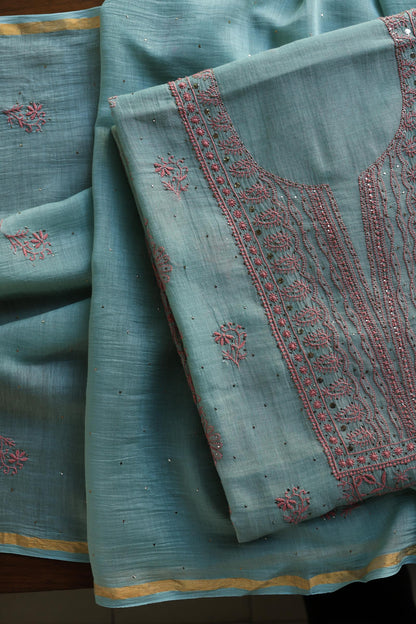 Green Turquoise Mal Cotton Fine Chikankari With Kamdani Work Unstitched Fabric