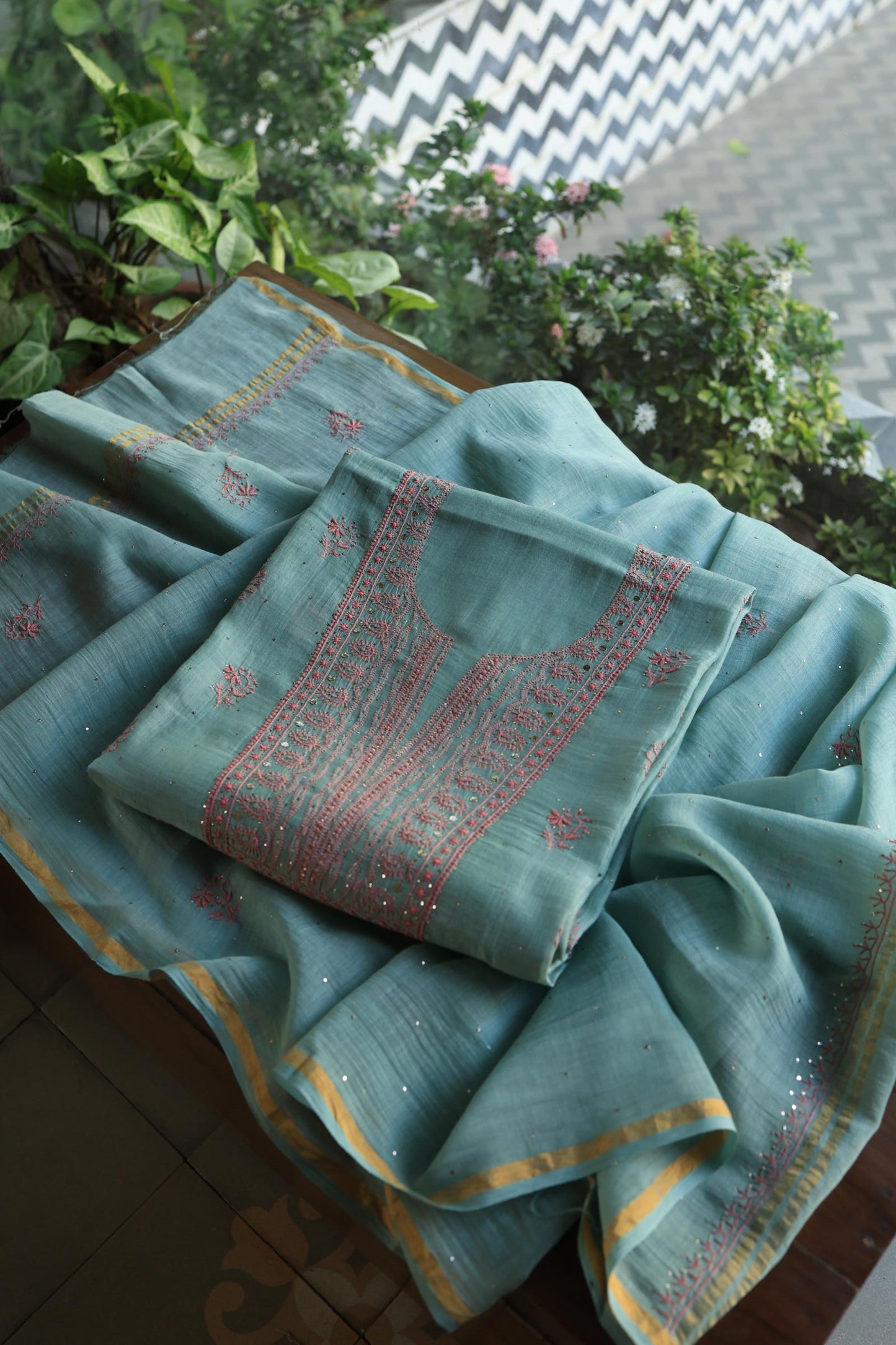 Green Turquoise Mal Cotton Fine Chikankari With Kamdani Work Unstitched Fabric