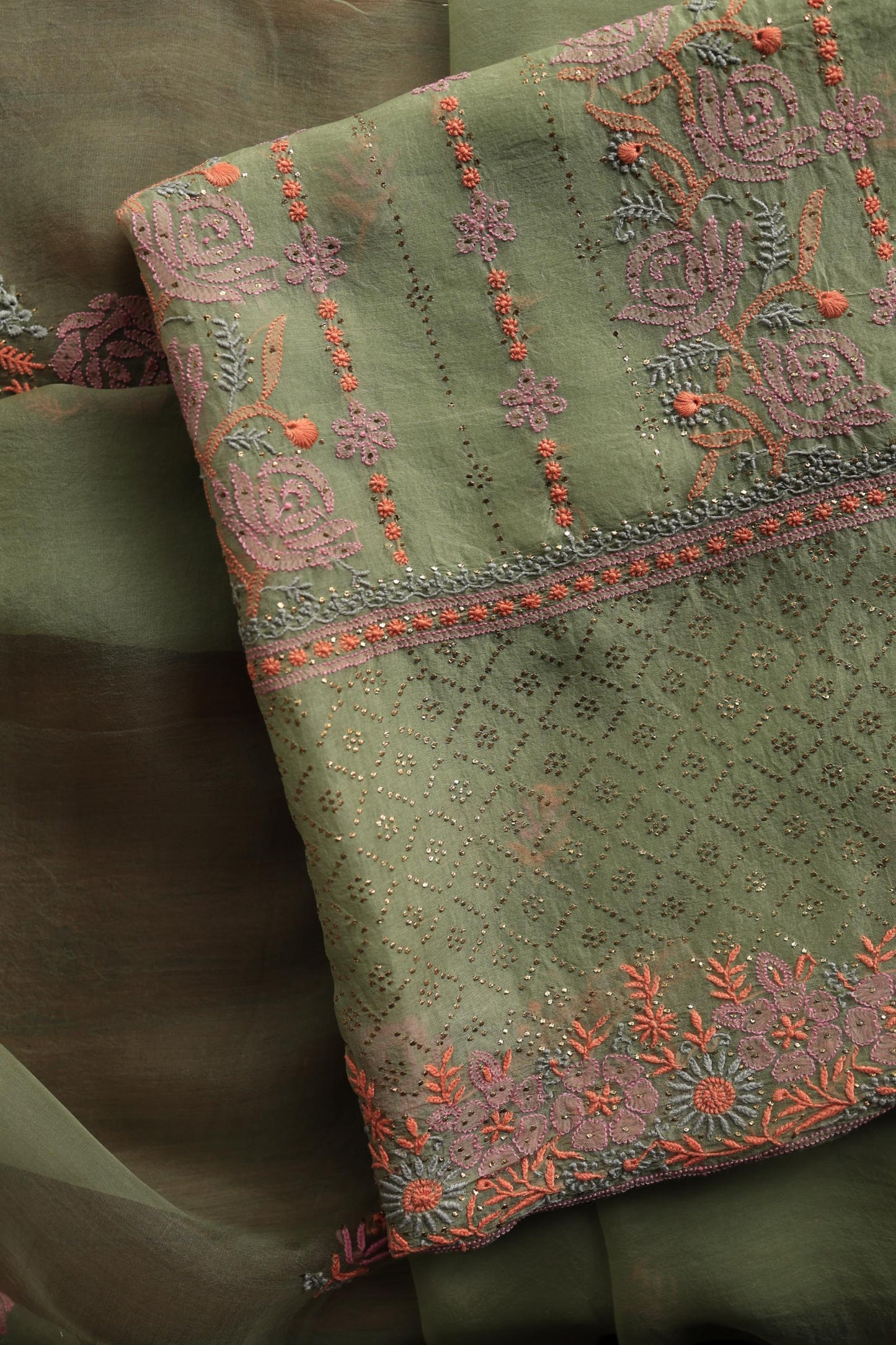 Hazel Green Noor Organza Silk Chikankari With Kamdani Fabric