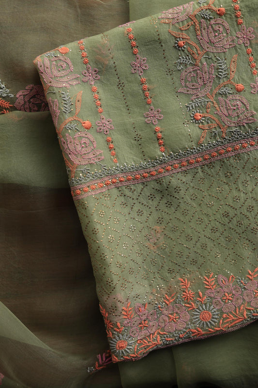 Hazel Green Noor Organza Silk Chikankari With Kamdani Fabric