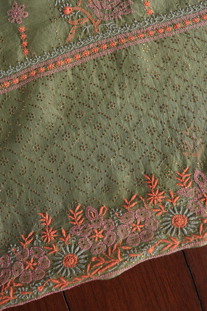 Hazel Green Noor Organza Silk Chikankari With Kamdani Fabric
