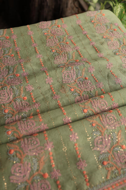 Hazel Green Noor Organza Silk Chikankari With Kamdani Fabric