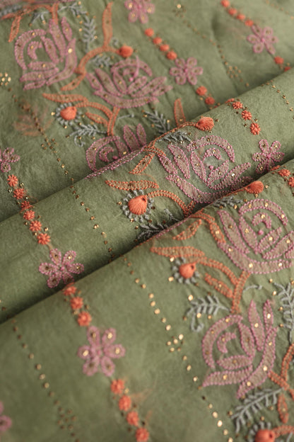 Hazel Green Noor Organza Silk Chikankari With Kamdani Fabric