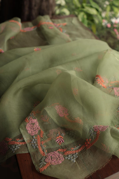 Hazel Green Noor Organza Silk Chikankari With Kamdani Fabric