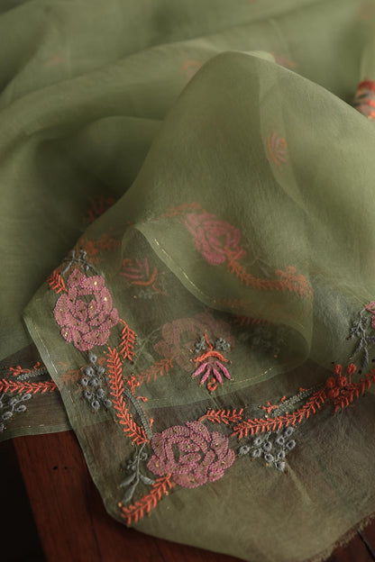 Hazel Green Noor Organza Silk Chikankari With Kamdani Fabric