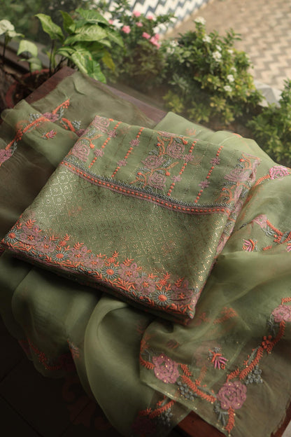 Hazel Green Noor Organza Silk Chikankari With Kamdani Fabric