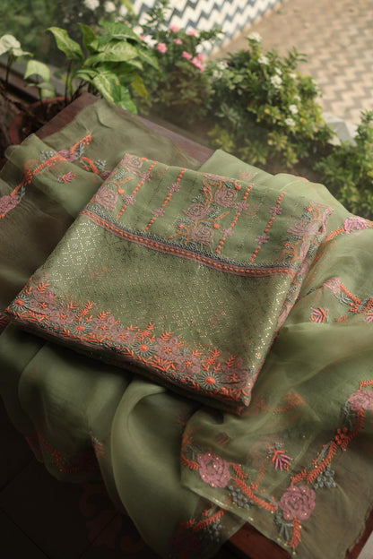 Hazel Green Noor Organza Silk Chikankari With Kamdani Fabric