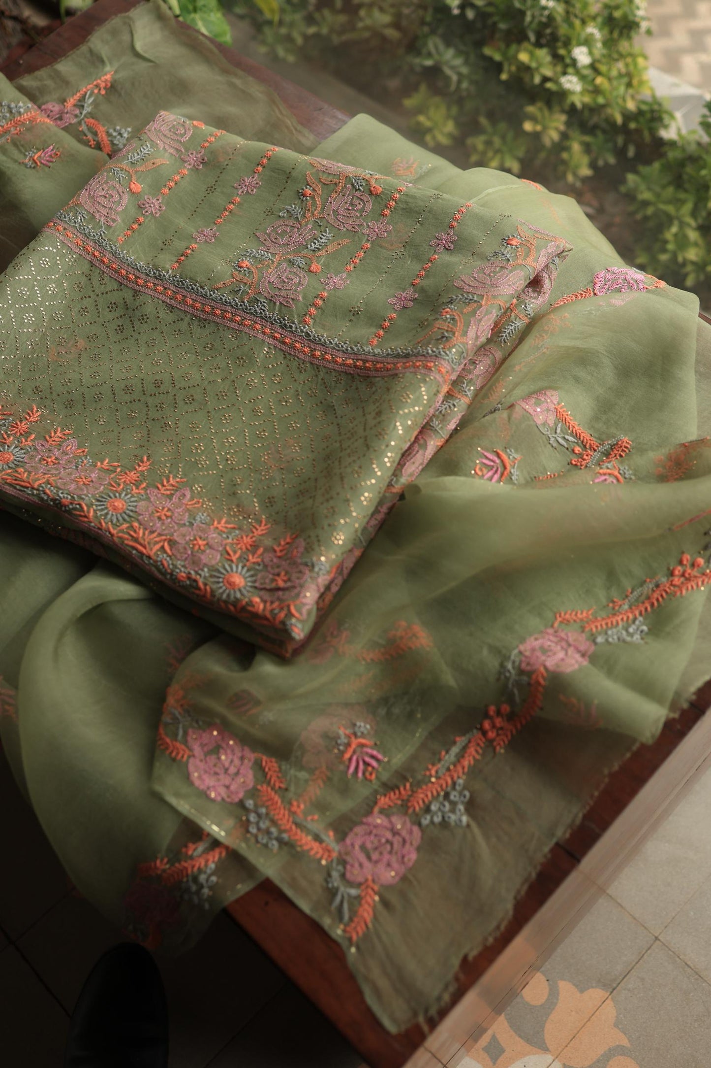 Hazel Green Noor Organza Silk Chikankari With Kamdani Fabric