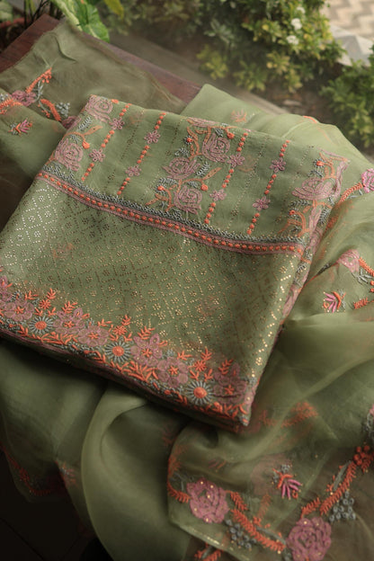 Hazel Green Noor Organza Silk Chikankari With Kamdani Fabric