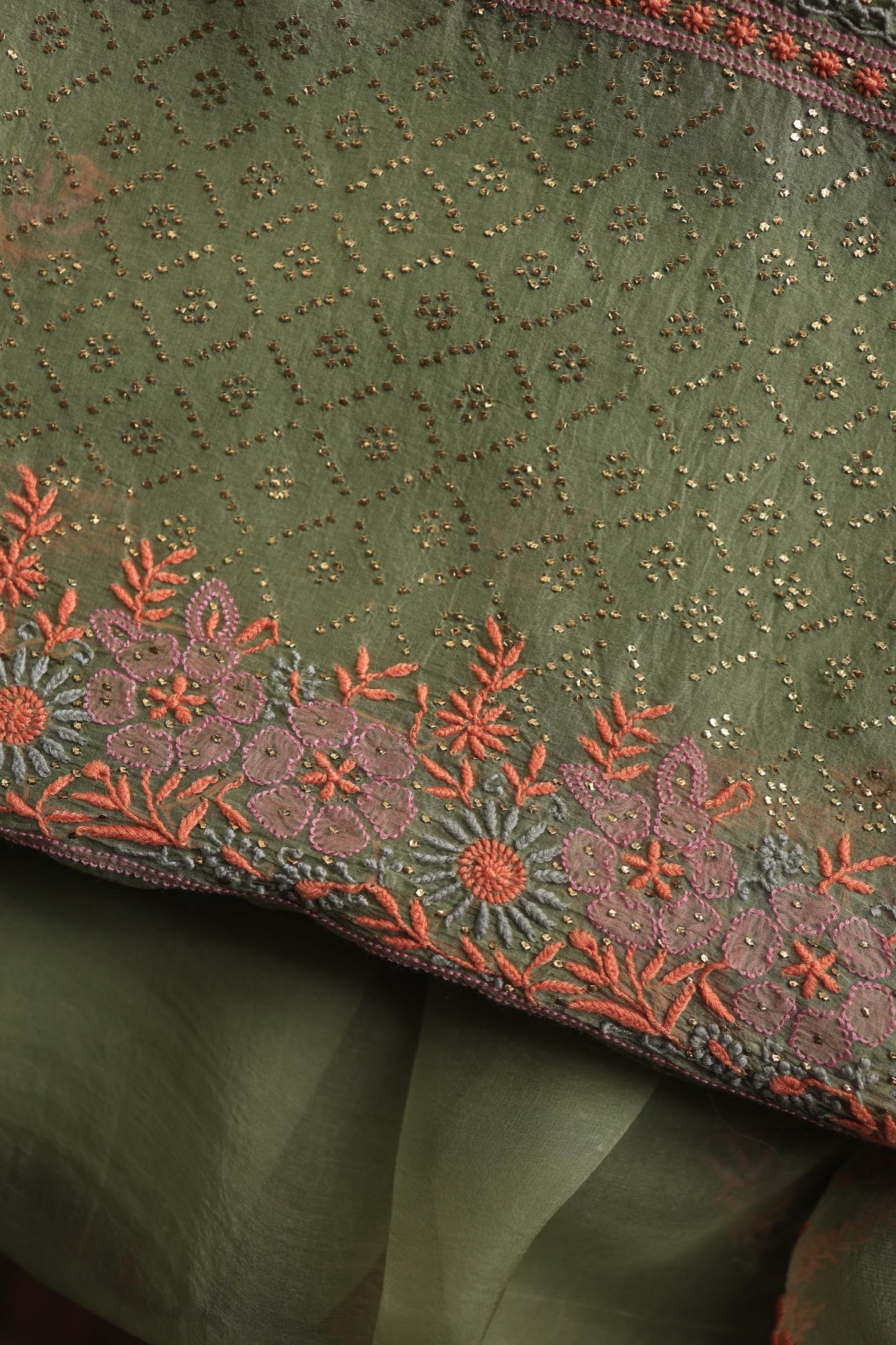 Hazel Green Noor Organza Silk Chikankari With Kamdani Fabric