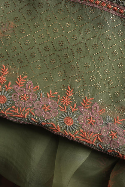 Hazel Green Noor Organza Silk Chikankari With Kamdani Fabric