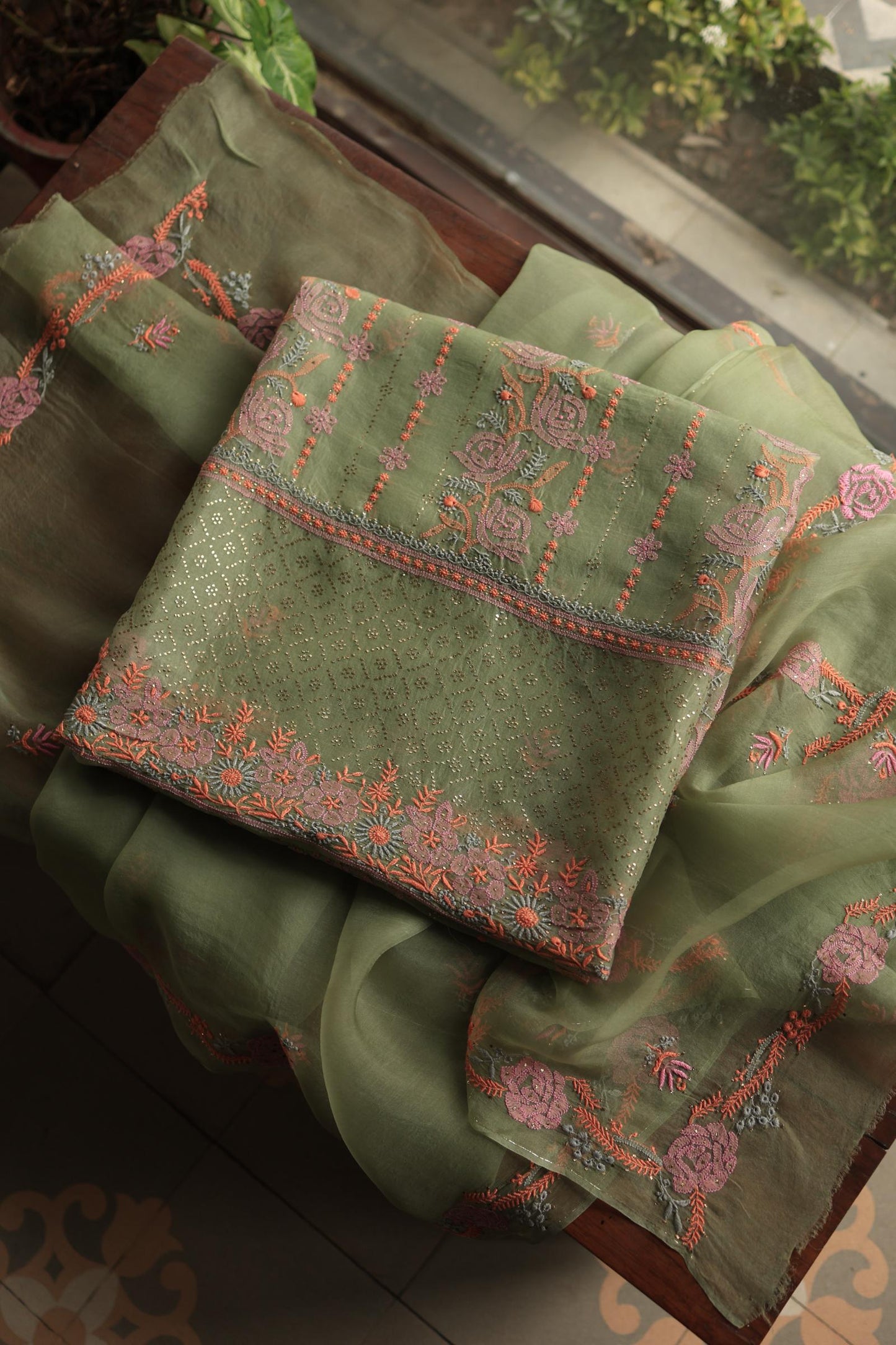 Hazel Green Noor Organza Silk Chikankari With Kamdani Fabric