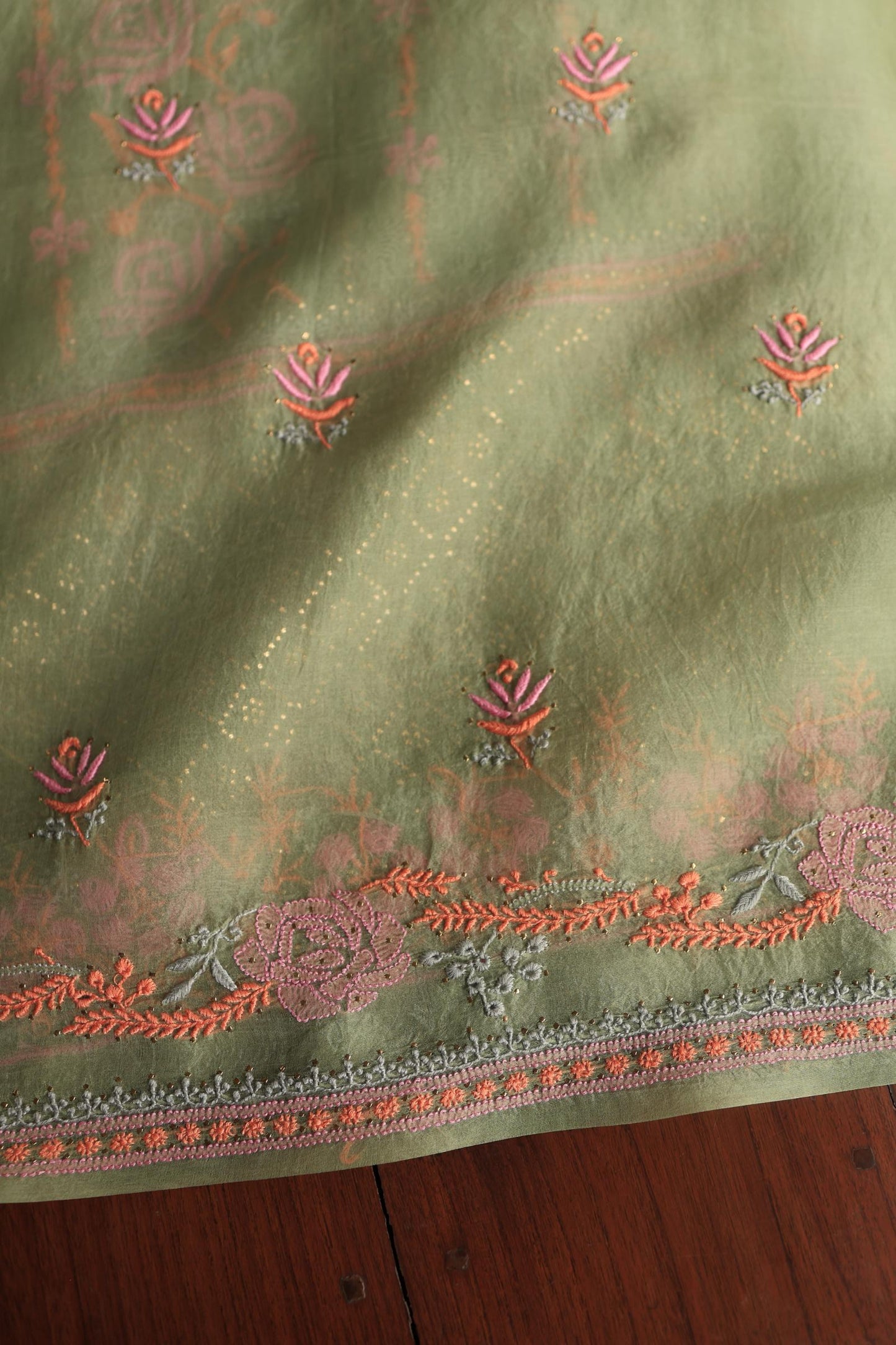 Hazel Green Noor Organza Silk Chikankari With Kamdani Fabric