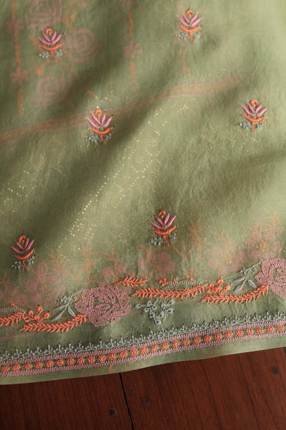 Hazel Green Noor Organza Silk Chikankari With Kamdani Fabric