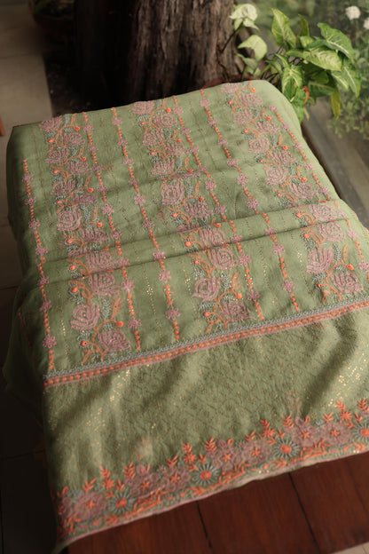 Hazel Green Noor Organza Silk Chikankari With Kamdani Fabric