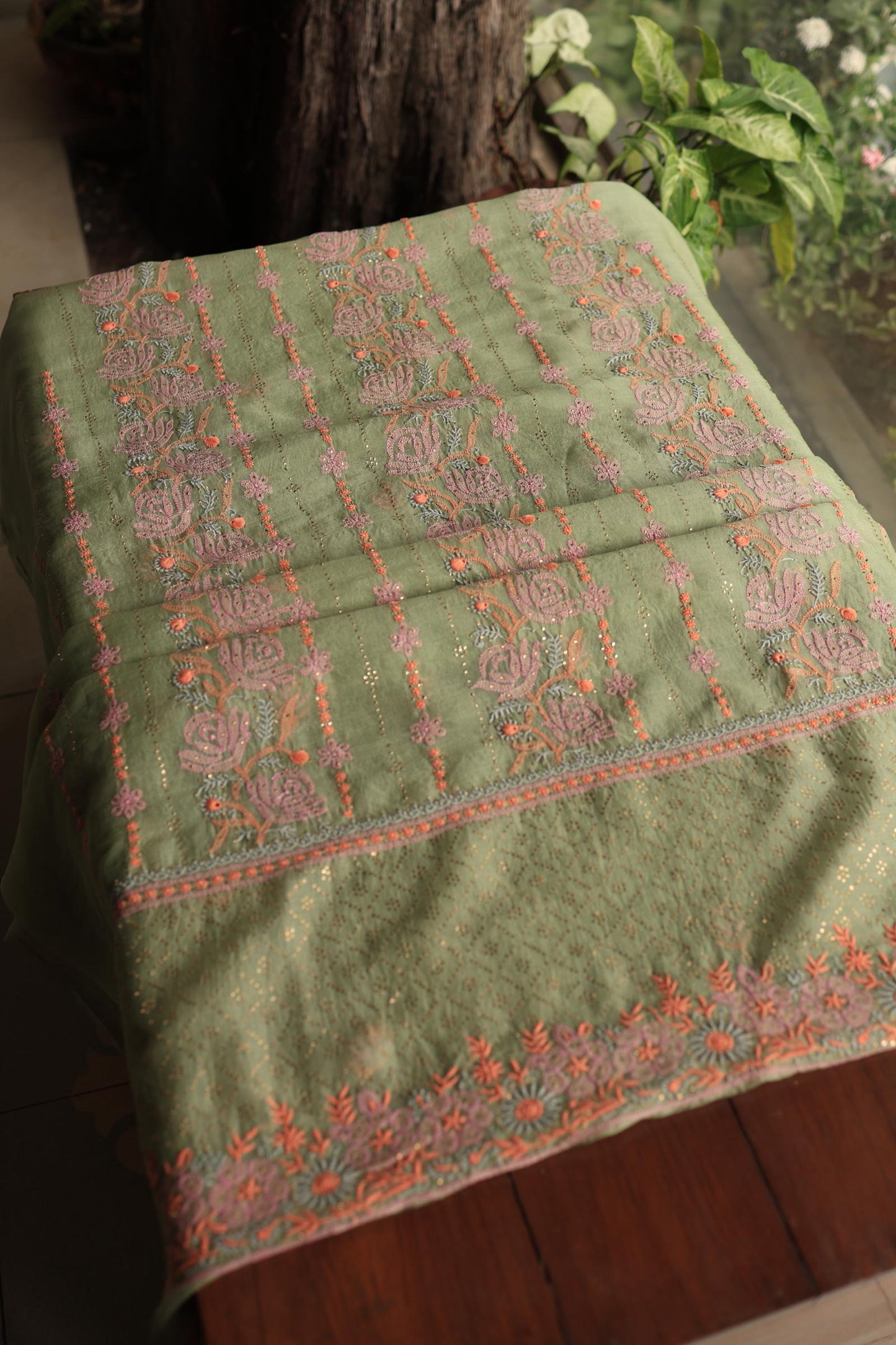 Hazel Green Noor Organza Silk Chikankari With Kamdani Fabric